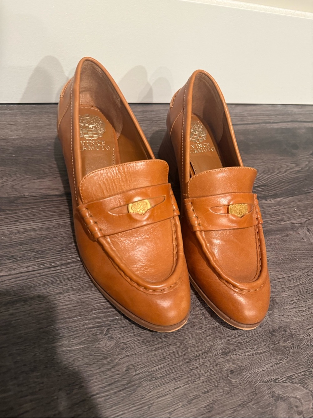 Vince Camuto Cognac Tan Leather Penny Loafers with Gold Accent